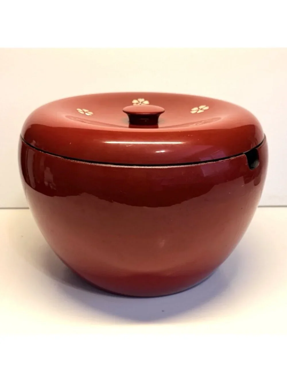 Japanese Wood Red Lacquer Ohitsu Rice Serving Bowl Mother of Pearl Inlay